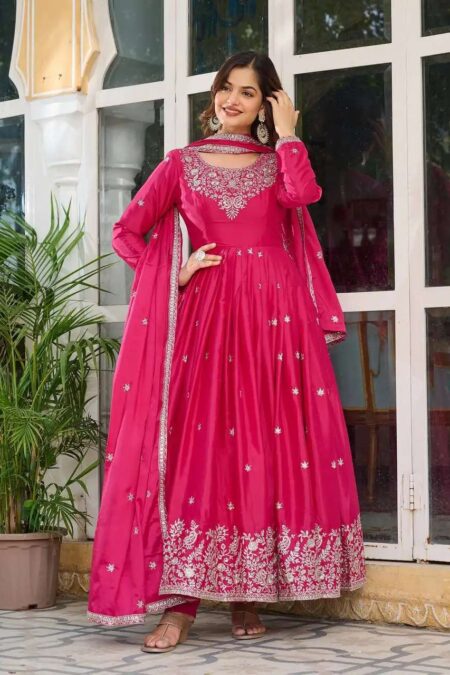 Women's American Silk Sequence Embroidery Long Anarkali Kurti Gown With Dupatta
